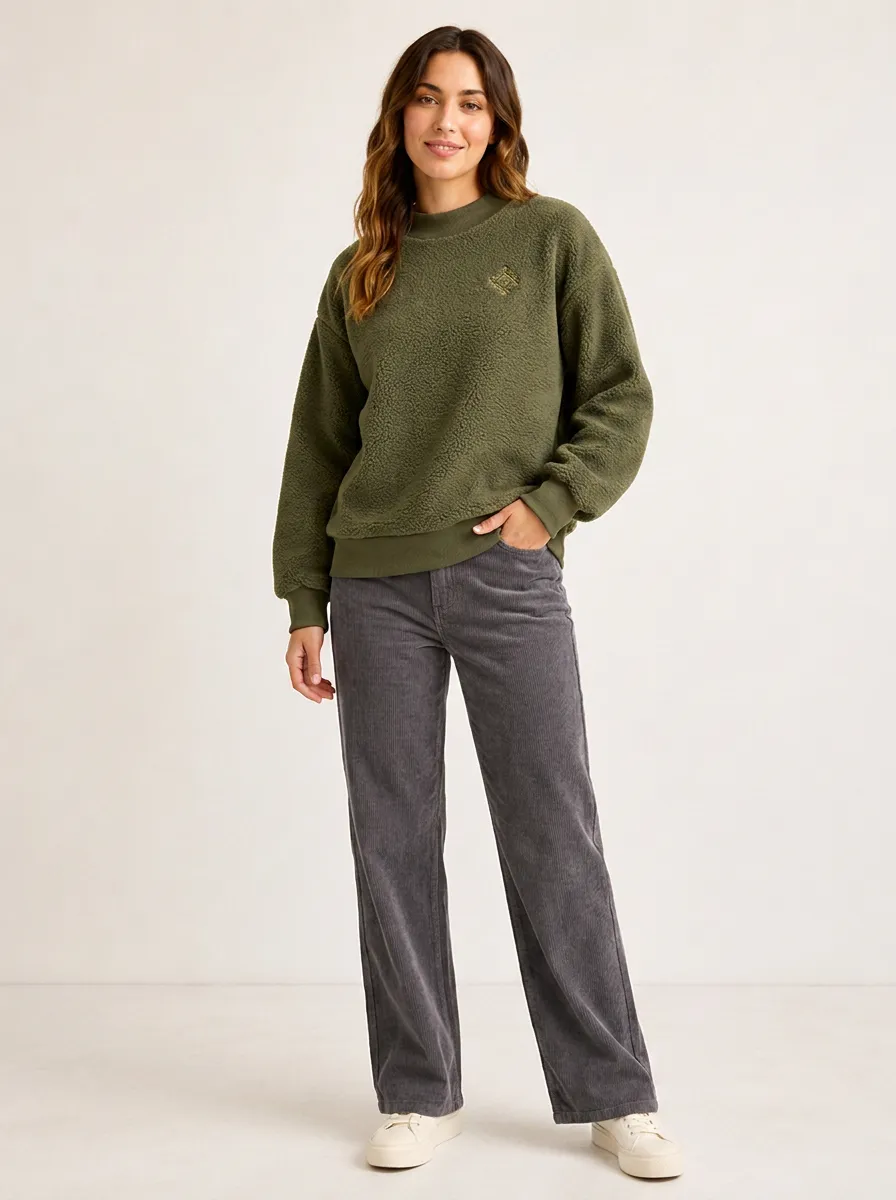 Women's Casual Minimalist Embroidered Olive Green Sherpa Sweatshirt