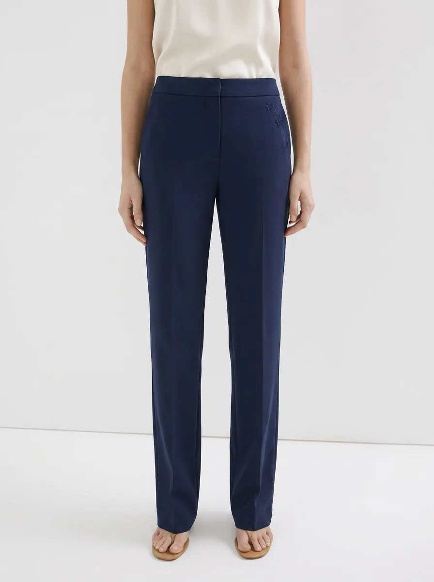 Women's Minimalist Floral Embroidery Navy Mid-Rise Straight Leg Trousers