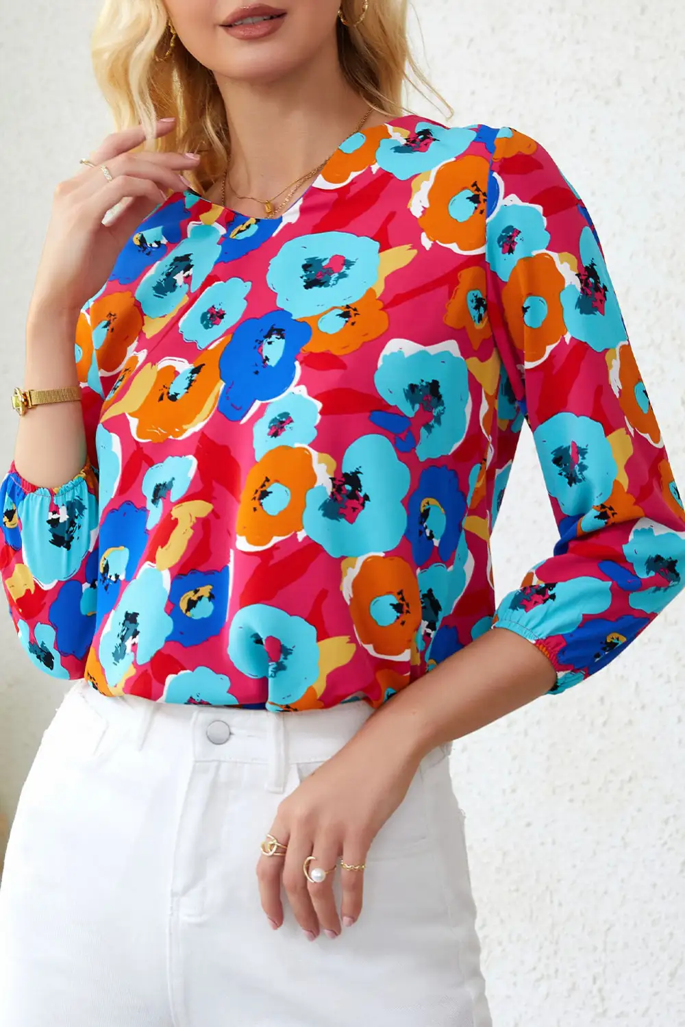Floral Print V Neck Three Quarter Sleeve Blouse