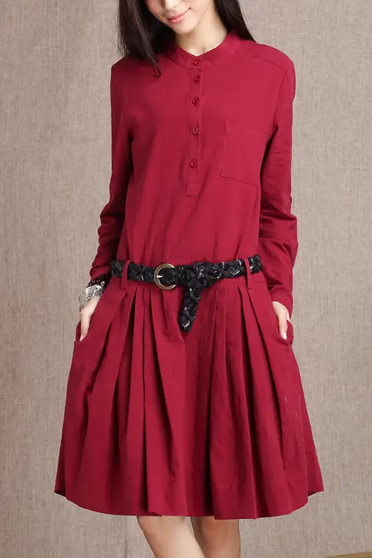 Linen Cotton Pleated Long Sleeve Midi Dress