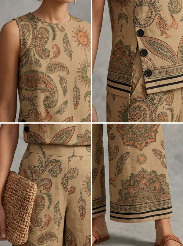 Women's Boho Sun Moon Paisley Printed Sleeveless Set