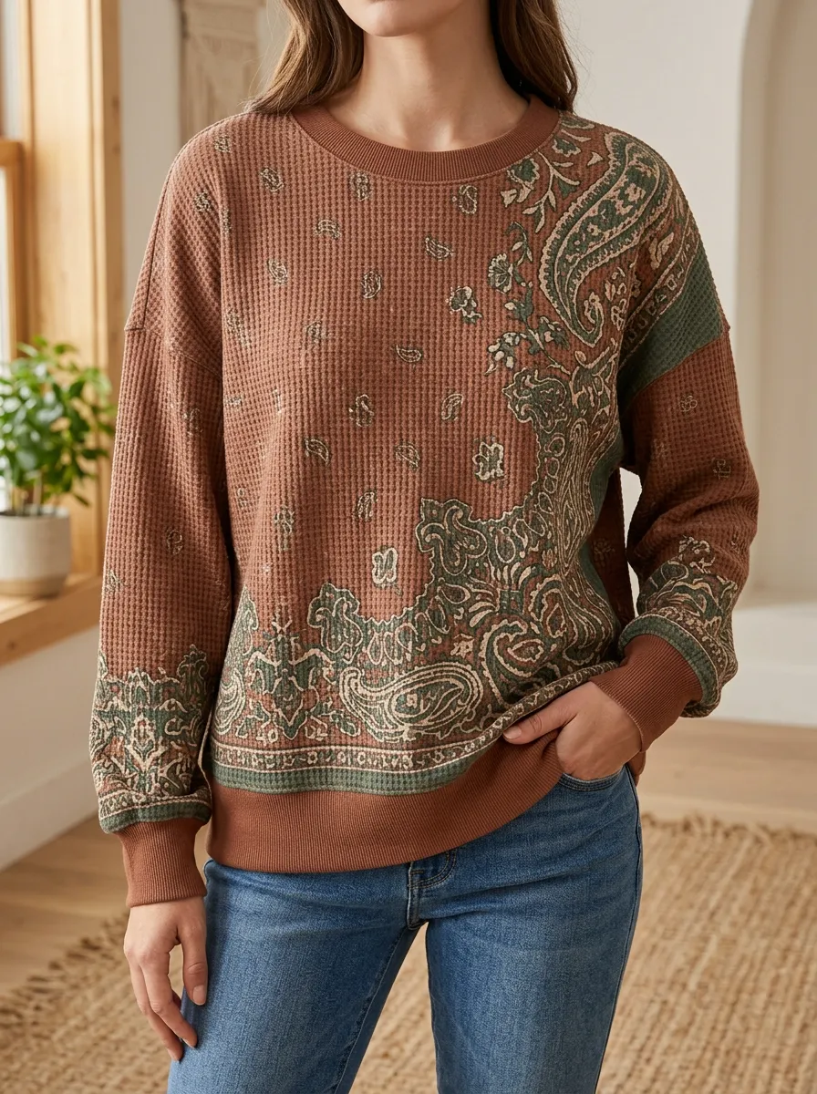 Women's Boho Paisley Waffle Knit Printed Sweatshirt