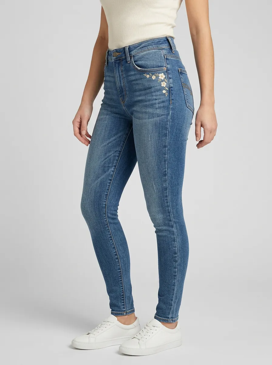 Women's Atlas Floral White Flower Embroidered Printed Slim Jeans