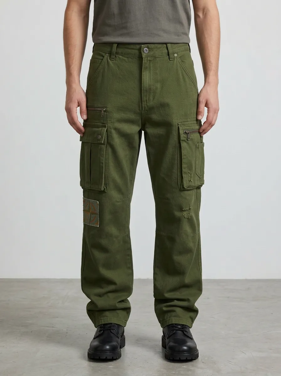 Men's Vintage Compass Patch Distressed Denim Cargo Jeans