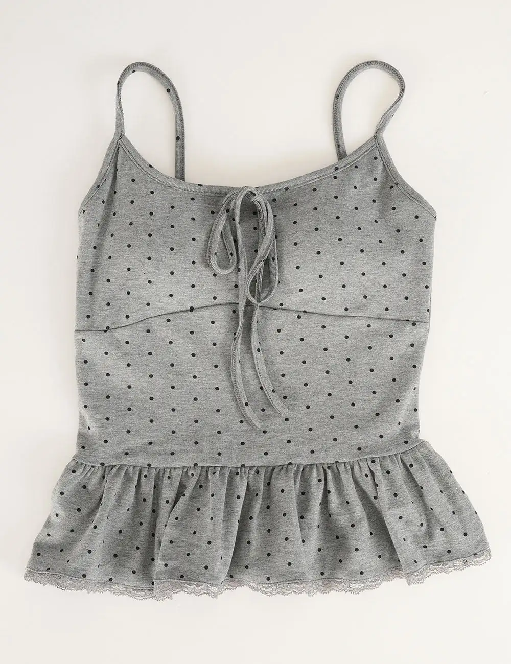 Polka Dot Scarf Neck Lace Trim Peplum Cami Top