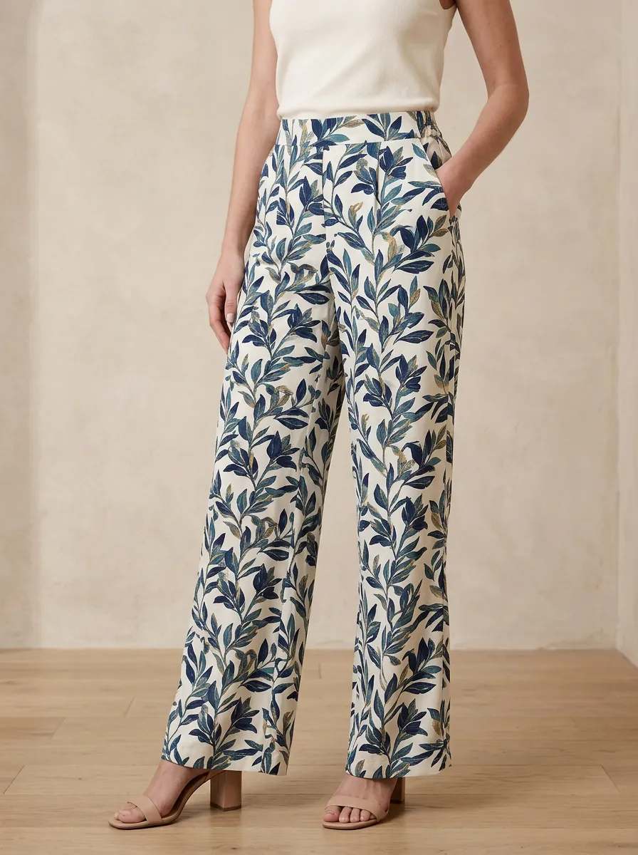 Women's Botanical Fine Pattern Printed Wide Leg Pants