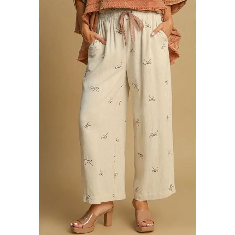 Full Size Lace Drawstring Embroidered Bow Wide Leg Pants Plus Size