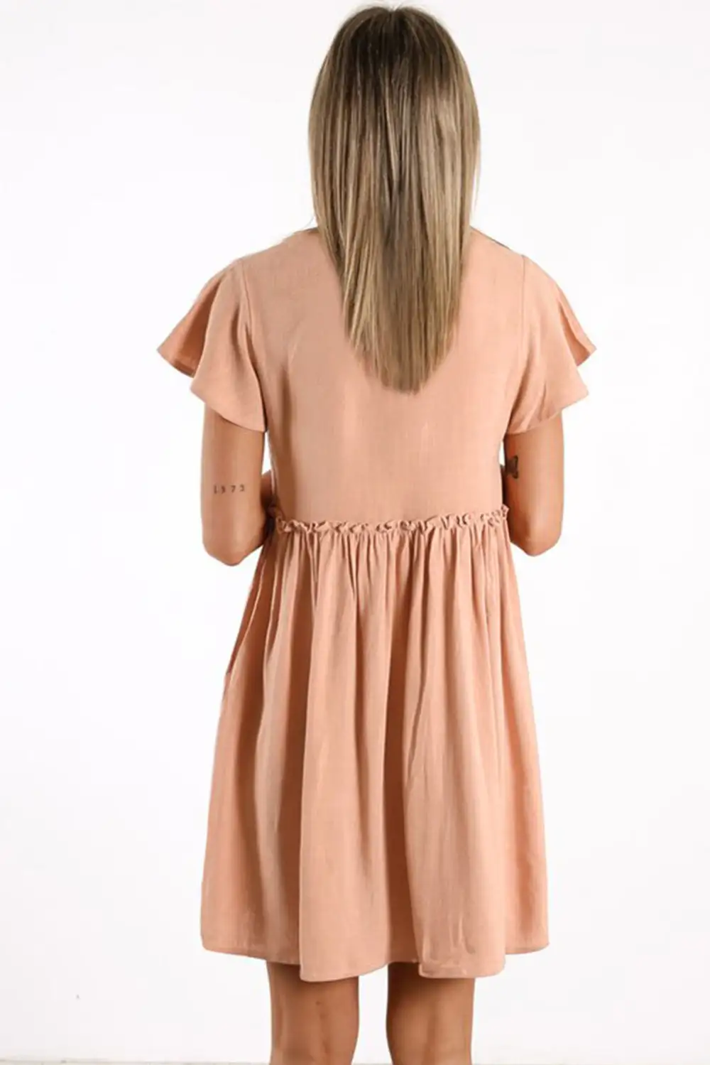 V Neck Buttoned Empire Waist Babydoll Mini Dress