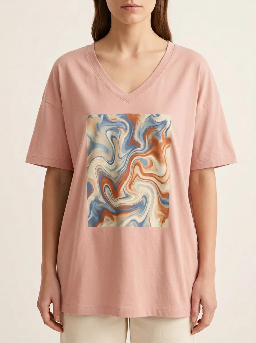 Women's Abstract Art Marble Swirl Printed V-Neck T-Shirt