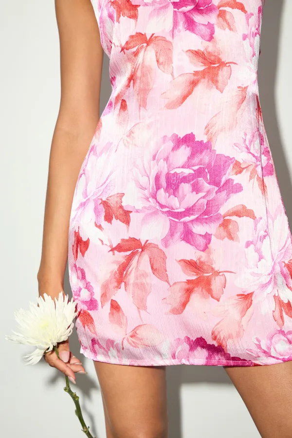 Casual Style Pink Multi Floral Print Satin Halter Mini Dress