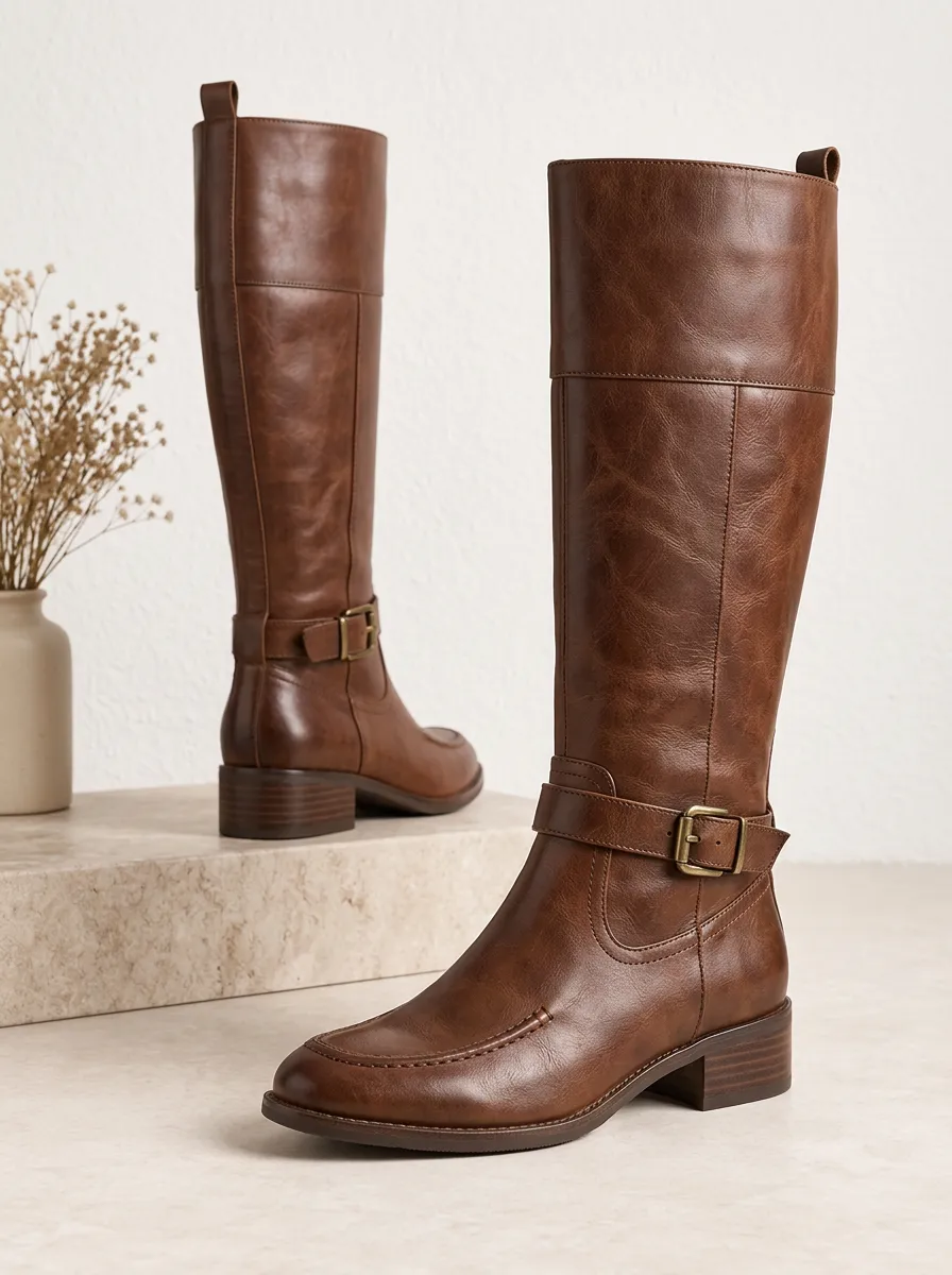 Women's Outdoor Buckle Strap Faux Leather Knee High Boots