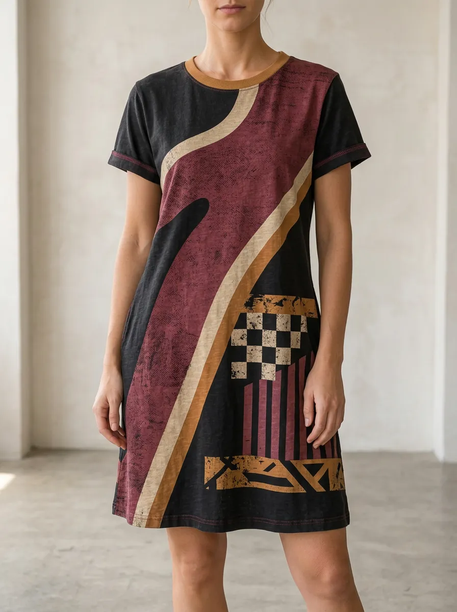 Women's Abstract Geometric Checkerboard Printed T-shirt Dress
