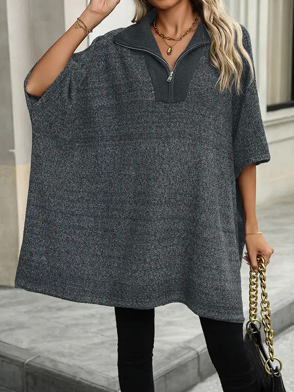 Paneled Zip Detail V-Neck Elbow Sleeve Relaxed Fit Sweater