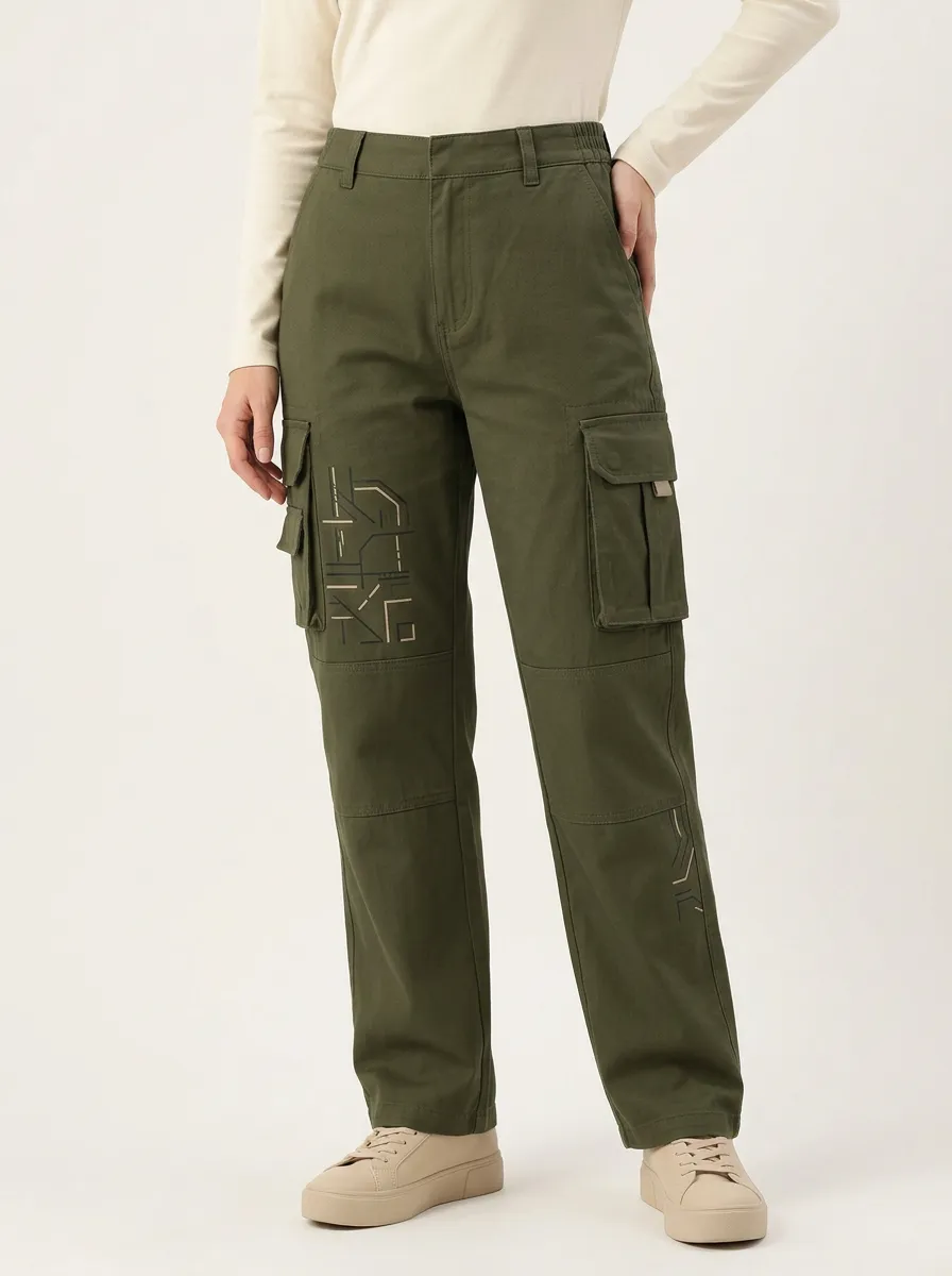 Women's Olive Green Cyberpunk Aesthetic Geometric Line Cargo Pants