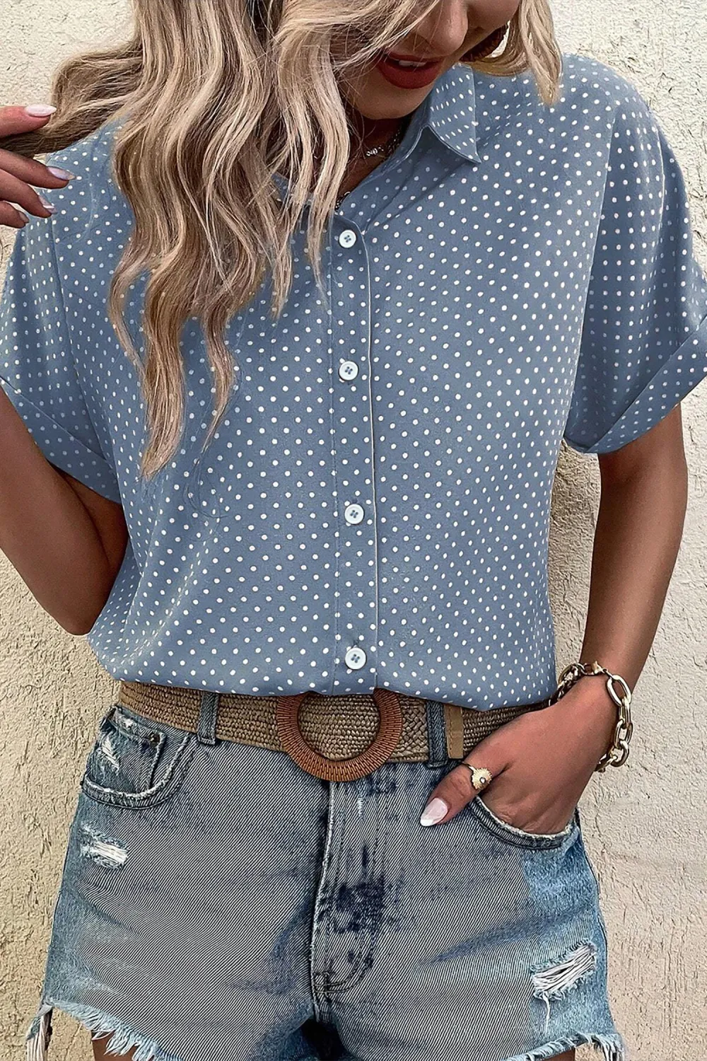 Sky Blue Dotted Print Cuffed Shirt