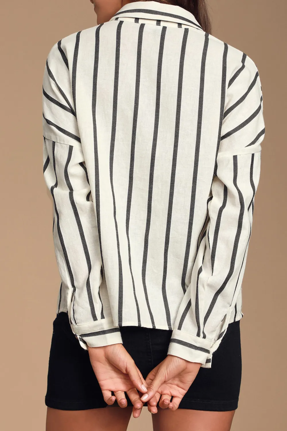 Casual Style Off-White Striped Long Sleeve Button-Up Top