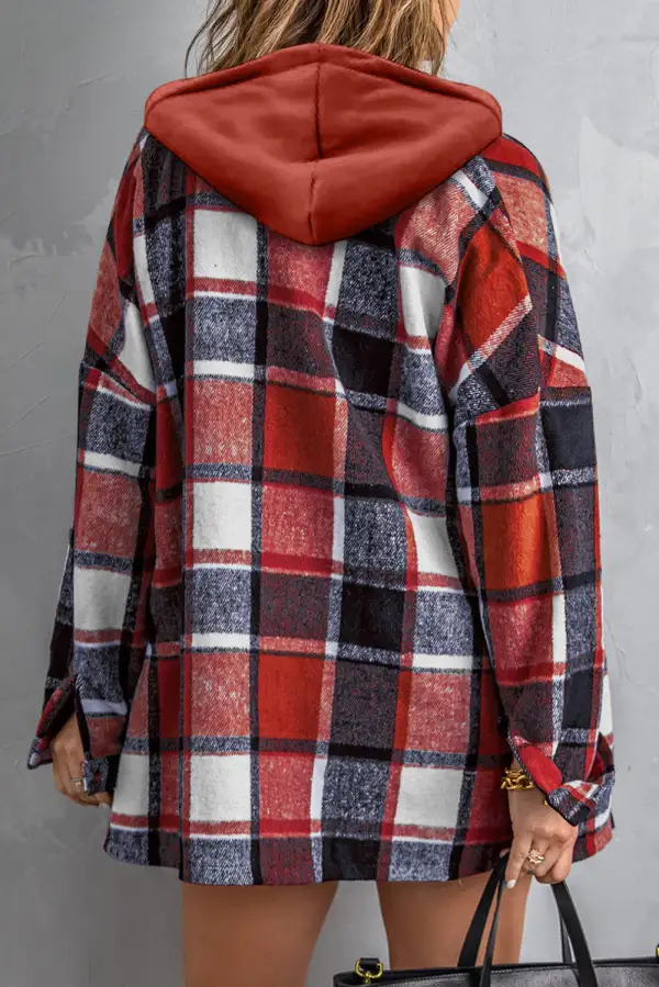Women's Hooded Plaid Button Front Shacket