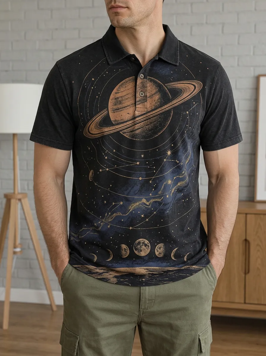Men's Space Astronomy Saturn Moon Printed Polo Shirt Weekend Casual Style