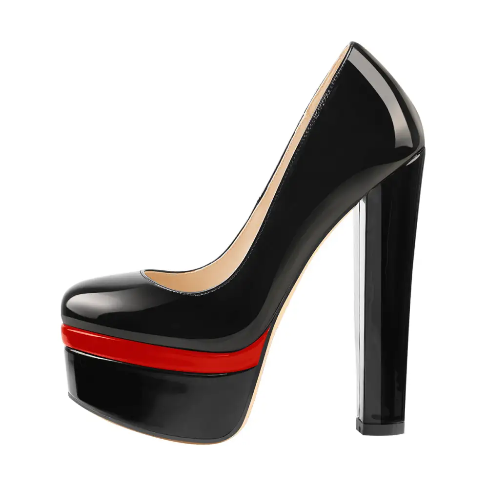 Modern Patent Finish Pointed Toe Platform Chunky Heel Pumps
