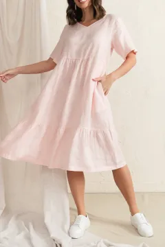 Pocket Below-Knee Tiered Linen Pleated V-Neck Half-Sleeve Dress