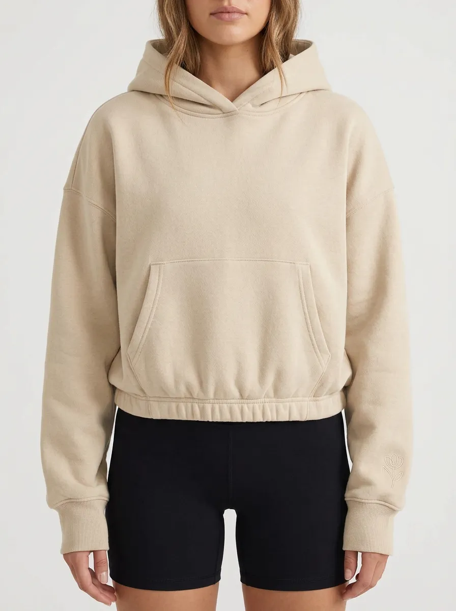 Women's Minimalist Floral Small Flower Embroidered Beige Hoodie