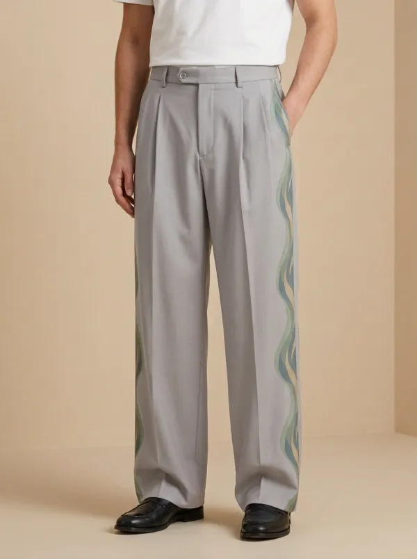 Men's Casual Fashion Wavy Side Stripe Printed Wide Leg Pants