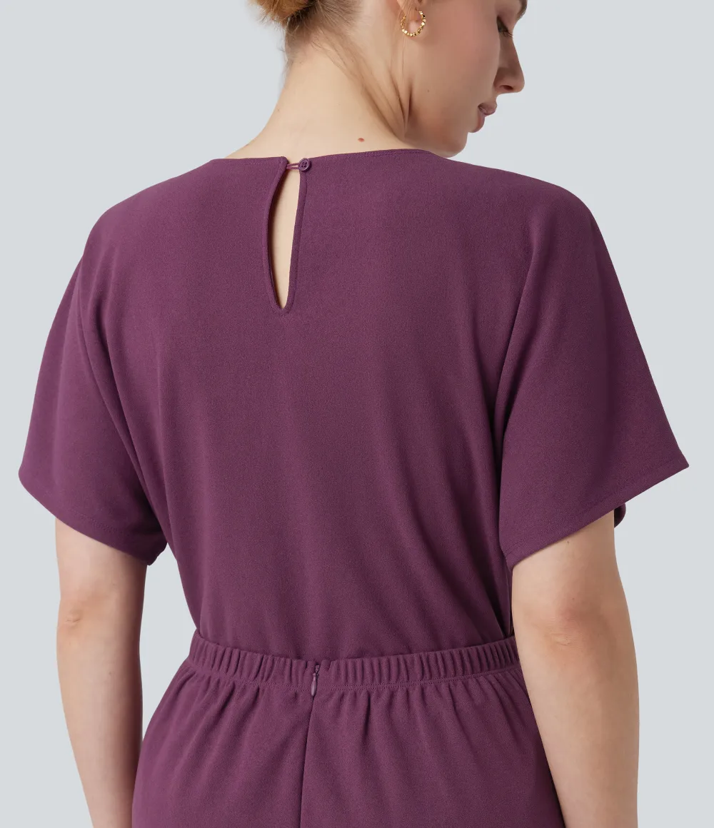 Wrinkle-resistant V-neck Batwing Sleeve Wide Leg Work Jumpsuit with Pockets-Easy Peezy