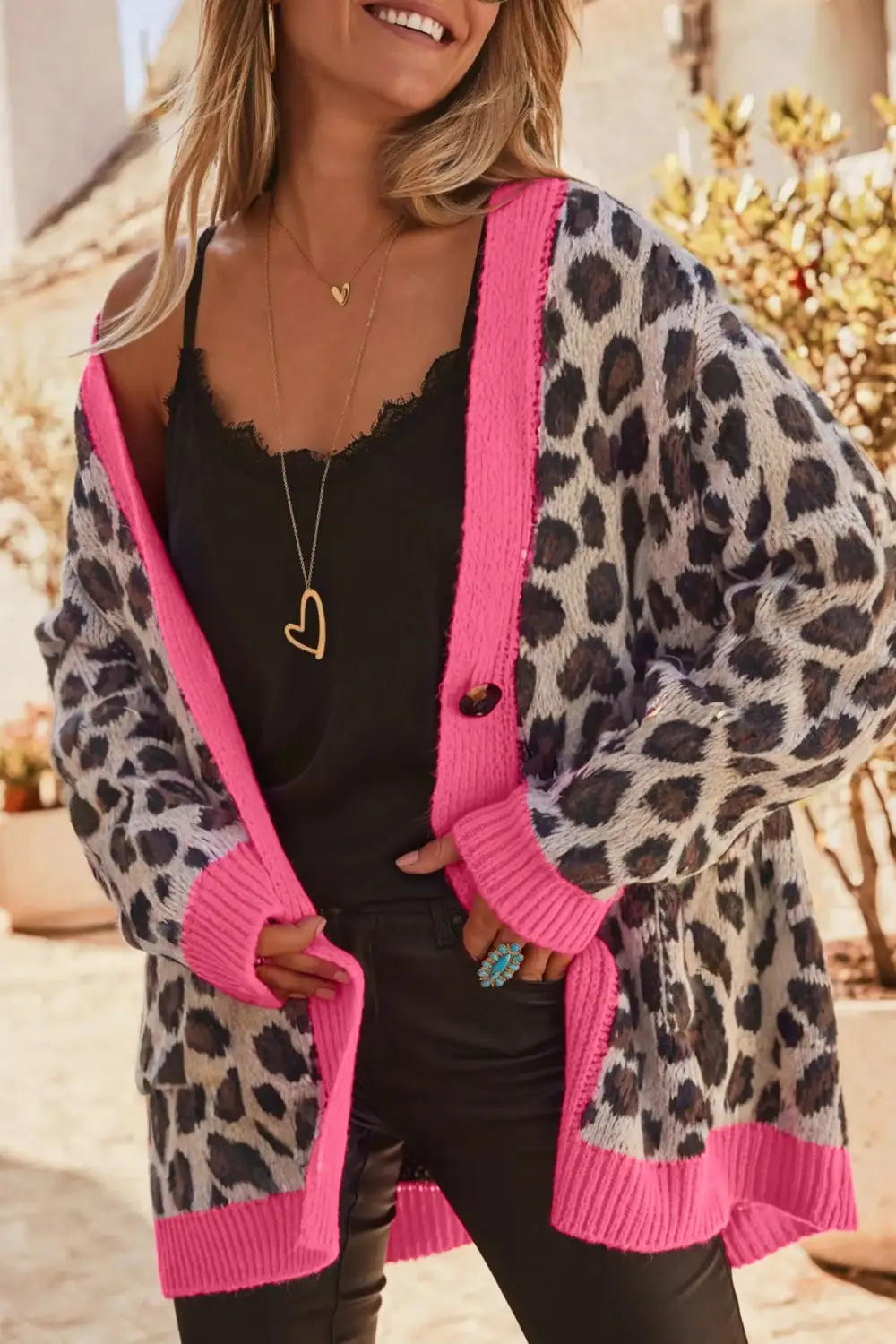 Oversized Color Block Trim Button Front Leopard Print Cardigan