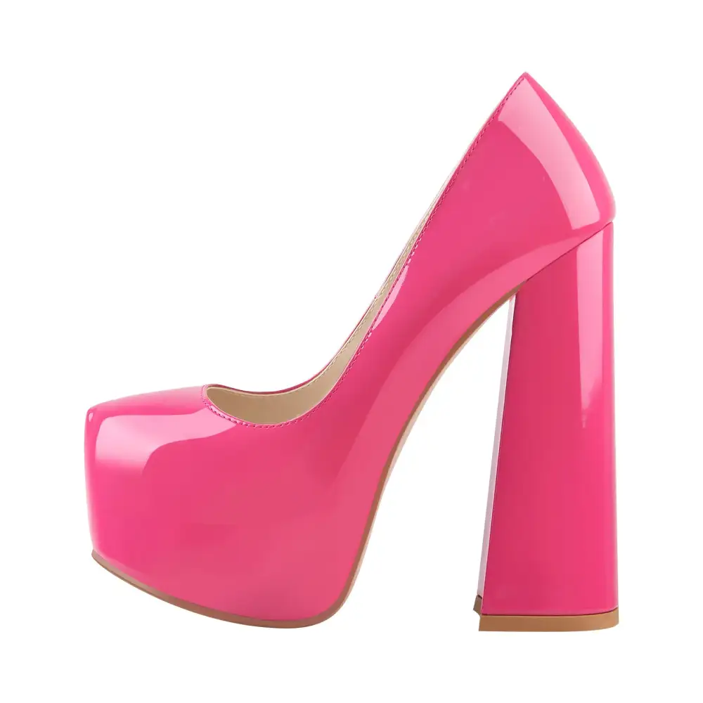 Sleek Patent Finish Pointed Toe Platform Chunky Heel Pumps