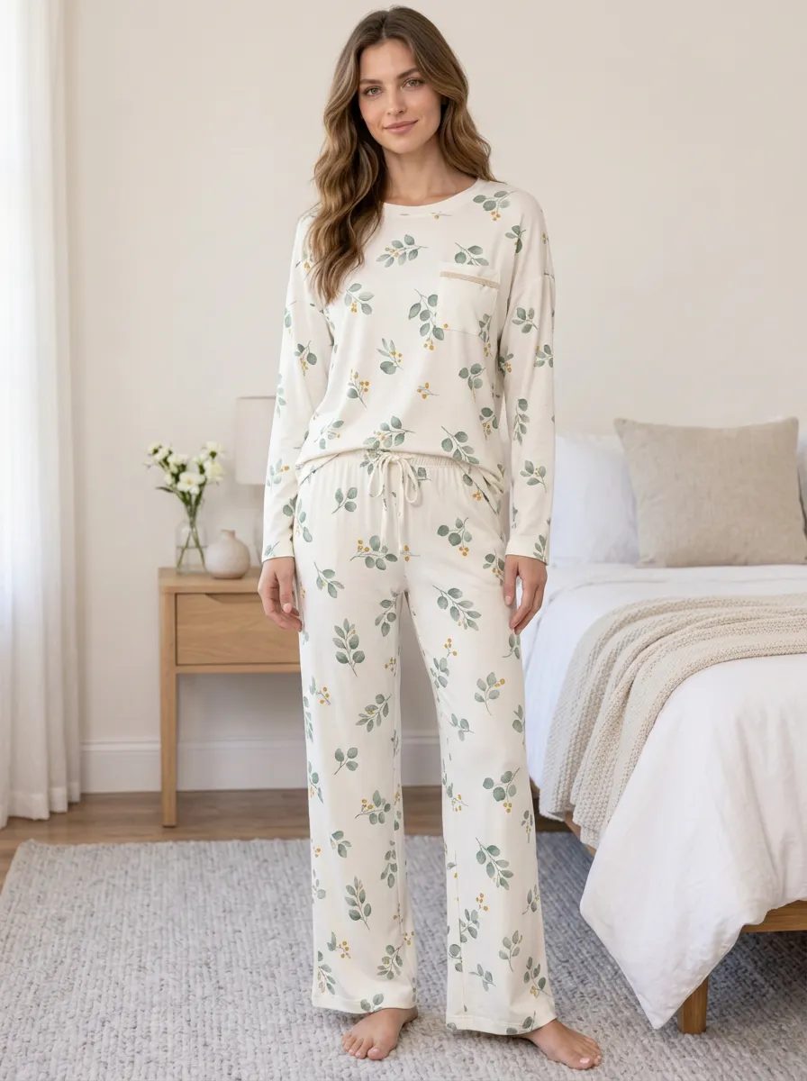 Eucalyptus Leaf Botanical Leaf Berry Crew Neck Long Sleeve Women's Printed Pajama Set