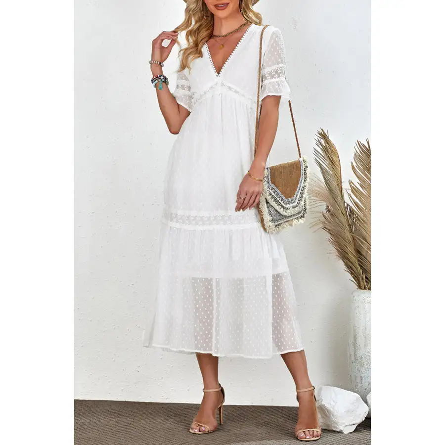 Swiss Dot V-Neck Short Sleeve Midi Dress