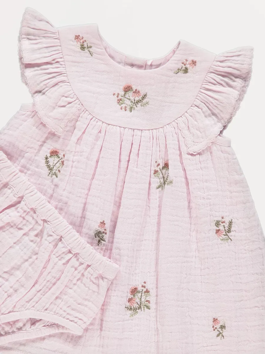 Pink Floral Embroidered Dress and Bloomers Outfit