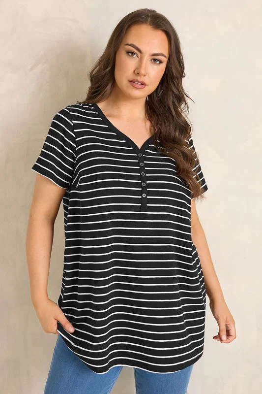 Black Stripe Short Sleeve Cotton Henley Top detail 1