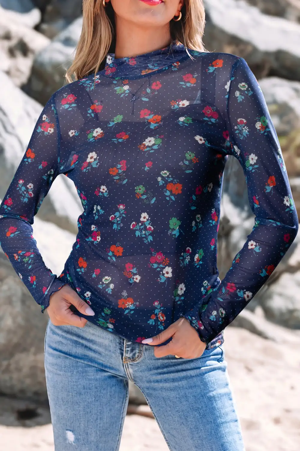 Polka Dot Mesh Long Sleeve Top