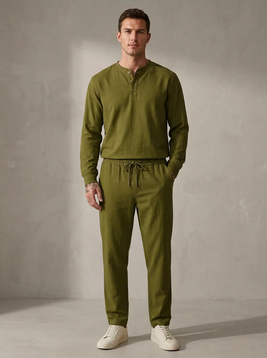 Modern Henley Detail Men's Long Sleeve Top and Pants Two Piece Set