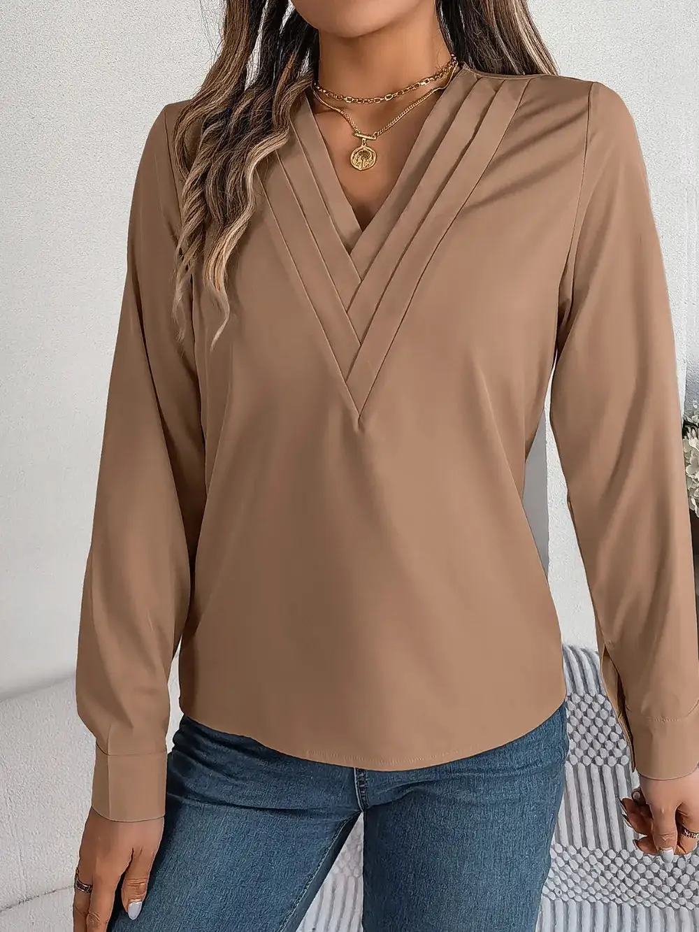 Textured V-Neck Long Sleeve Blouse