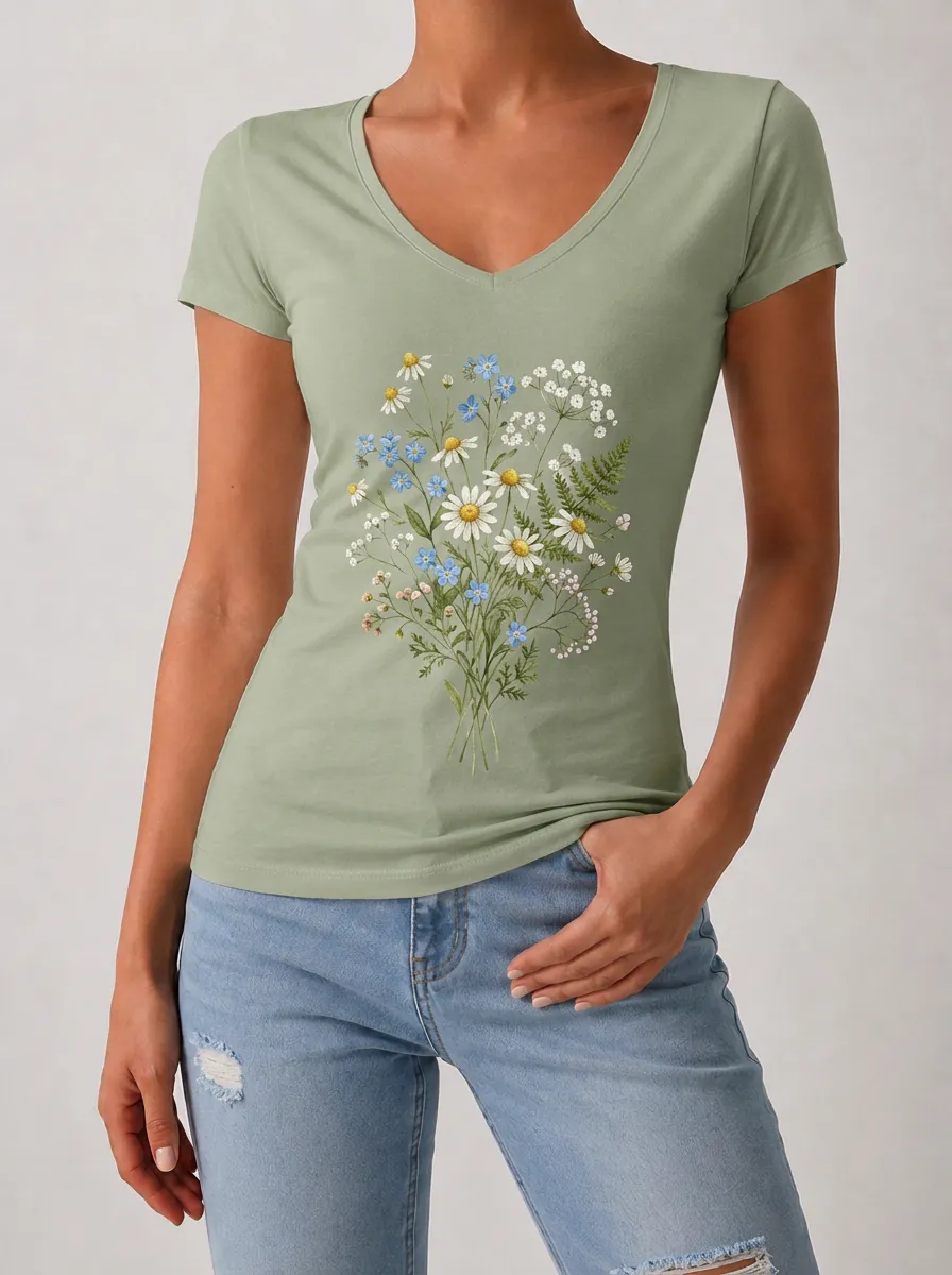 Women's Botanical Flower Lover Daisy Wildflower Printed V-neck T-shirt