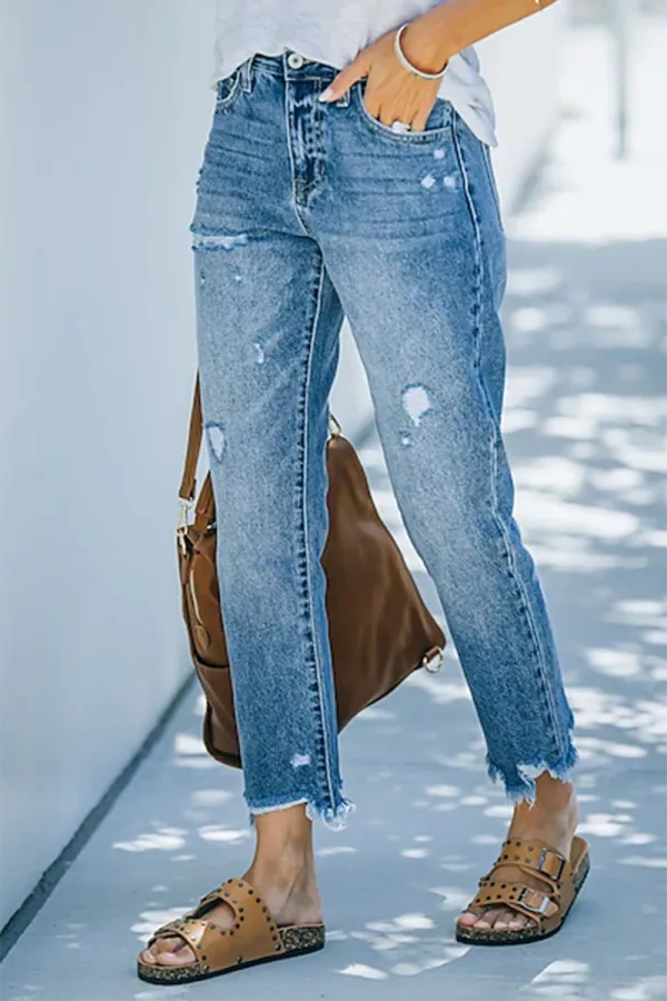 Ripped Raw Hem Zip Fly Jeans
