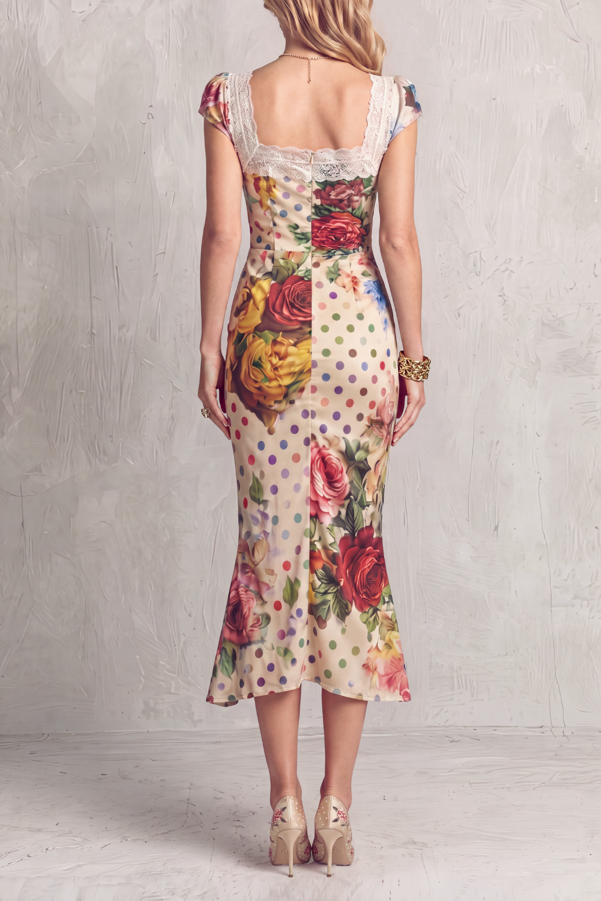 Classic Ruched Lace Floral Midi Dress