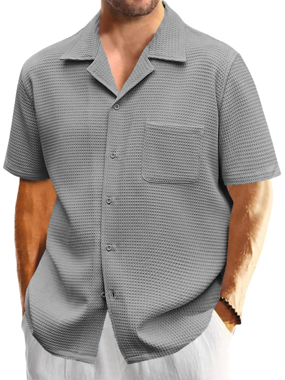 Textured Knit Open Collar Shirt