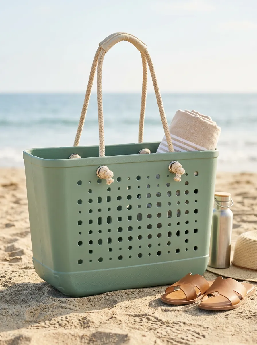 Perforated Rope-Handle Open-Top Structured Beach Tote Bag