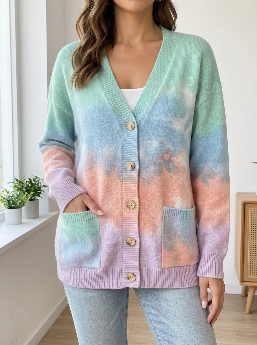 Women's Pastel Tie-Dye Patterned Button-Down Knit Cardigan