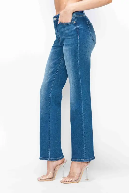 High-Rise Washed Stretch Straight Leg Jeans