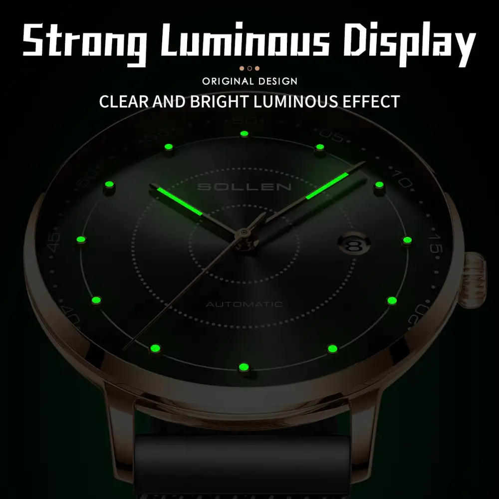 Sollen SL312 Men's Classic Automatic Mechanical Watch - 42mm Stainless Steel Case Slim 9.9mm Luminous Dot Markers Date Window Mesh Bracelet Wristwatch