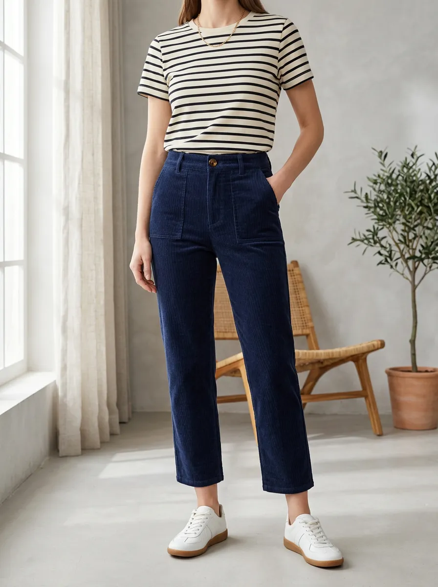 Women's Straight-Leg High-Rise Ankle-Length Belt-Loop Corduroy Pants