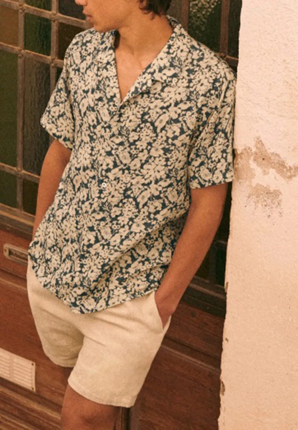 Light Orange Floral Print Short Sleeve Cotton Shirt