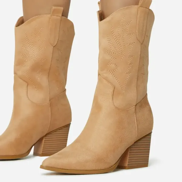 Faux-Suede Embroidered Pointed-Toe Chunky-Heel Mid-Calf Boots