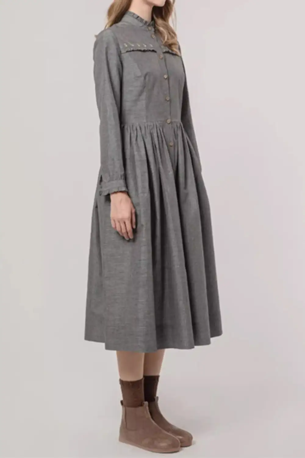Cotton Blend Fit And Flare Ruffle Long Sleeve Midi Dress