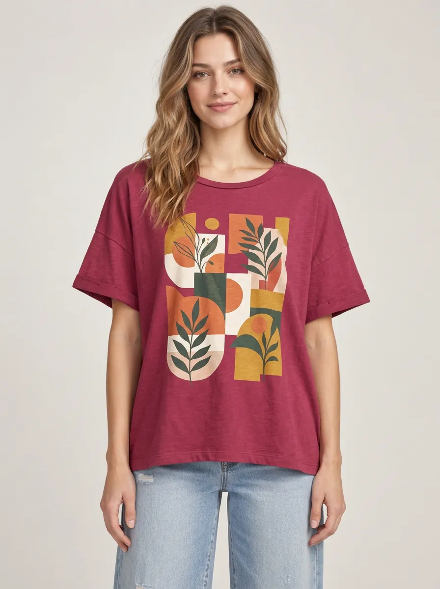 Women's Boho Botanical Abstract Geometric Off Duty Printed Tee