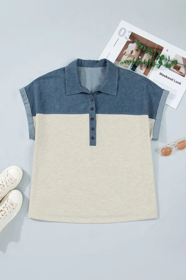 Light Grey Half Buttons Collared Top